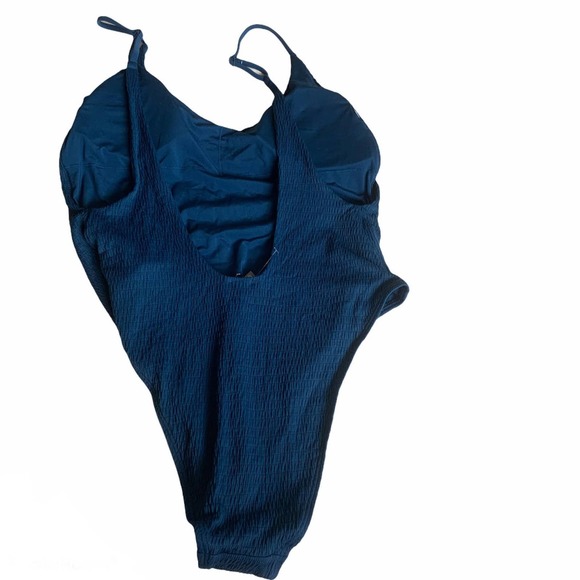 Aerie XL Cheeky Ribbed Smocked Scoop Neck One Piece Swimsuit High Cut Blue Sexy - Picture 2 of 12